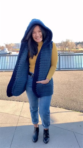 Hello, I’m Wan 😍 on Instagram: "Comment “Vest” for the free pattern link😊 This cozy hooded vest is a longtime favorite—and it’s quick and easy to make! #crochetvest #freecrochetpattern #crochetclothing"