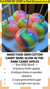 Make Your Own Cotton Candy Swirl Glow-in-the-Dark Candy Apples Looking for a magical treat that’s perfect for parties, fairs, or a glowing Halloween table? These DIY Cotton Candy Swirl Candy Apples are vibrant, tangy-sweet, and glow beautifully under blacklight. With a swirl of pink, blue, and purple, they look just like spun cotton candy—only with a spooky glowing twist. | Kira Recipes