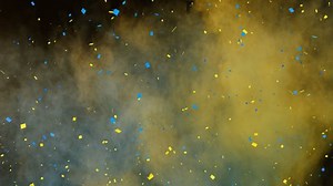 Animation of blue and yellow confetti and coloured powder falling on black background. celebration, event and tradition concept, digitally generated video.