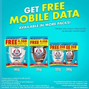Avail na mga‘ Nay! Ang FREE Mobile Data promo available na in more packs! Hanapin ang mga specially-marked BEAR BRAND® Fortified packs para may TIBAY na si anak, may FREE Mobile Data pa! :) O ha, may Tibay-Resistensya na, may data pa! Itago lamang ang promo pack na binili as proof of purchase. Alamin ang buong mechanics at FAQs sa mga links na ito: Mechanics: https://bit.ly/BEARBRANDFreeDataPromoFullMechanics FAQs: http://bit.ly/BEARBRANDFreeDataPromoFAQs Ang participants na magre-redeem ng code