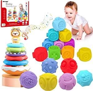 Baby Stacking Toys 18+ Months Montessori Sensory Development Teething Toys Set for Babies Early Educational Colorful Stacking Building Blocks for Toddlers Infant Gifts for Boys and Girls Learning Toy