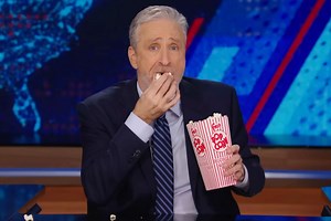 Watch Jon Stewart recreate iconic popcorn-eating GIF in 'The Daily Show' return