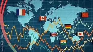 Dynamic 4K Global Economic Map with Fluctuating Graphs and Country Flags Depicting Worldwide Financial Trends