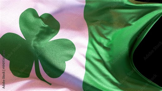 4K realistic Ireland flag transition with a green shamrock symbol. Perfect for St. Patrick's Day celebrations and cultural events. Includes Alpha Channel for easy overlay on any footage.