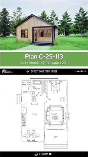 Modern 1 Bedroom Cabin Plan | 792 Sq Ft Small Cottage ADU Design #blueprint #construction #shorts