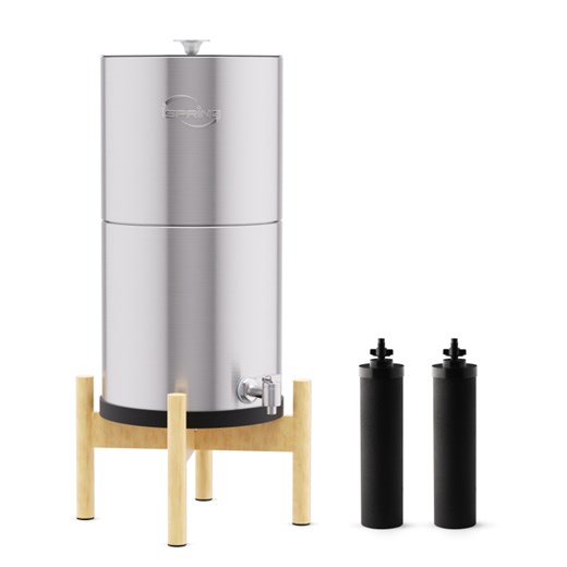 iSpring DGF2-NW Gravity-Fed Stainless Steel Countertop Water Filter System with Natural Wood Base,3.17 Gallons with 2 Activated Carbon Water Filters, Chlorine Reduction, Portable Water Filter for Home and Party