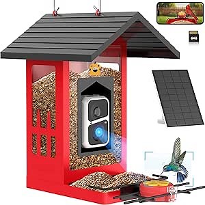 Metal Smart Bird Feeder with Camera Solar Panel DIY Add-on & 64G SD Card Auto Record Bird Video, AI Identify Bird Species, Bird House for Outside Hanging, Ideal Gift for Bird Lover Watching