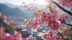 beautiful cherry blossoms growing on the outskirts of residential areas. seamless looping time-lapse virtual 4K video Animation Background.