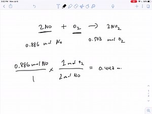 Nitric oxide (NO) reacts with oxygen gas to form nitrogen dioxide (NO2), a dark-brown gas: 2 NO(g) O2(g) ⟶2 NO2(g) In one experiment, 0.886 mole of NO is mixed with 0.503 mole of O2 . Determine which of the two reactants is the limiting reactant. Calculate also the number of moles of NO2 produced. | Numerade