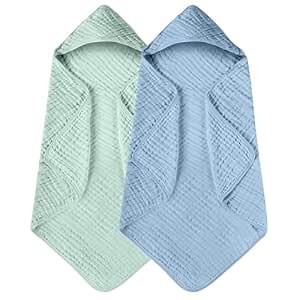 Yoofoss Hooded Baby Towels for Newborn 2 Pack 100% Muslin Organic Cotton Baby Bath Towel with Hood for Babies, Infant, Toddler and Kids, 32x32Inch, Soft and Absorbent Newborn Essential,Blue&Green