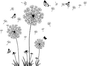Black and White Dandelion Butterfly Wall Stickers,Creative Peel and Stick Vintage Floral Art Decor, Removable DIY Sticker Decals for Kids Bedroom Living Room Nursery Classroom Playroom