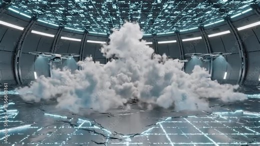 Futuristic data center simulation showing cloud computing explosion inside digital laboratory environment representing artificial intelligence systems. Futuristic cloud computing simulation