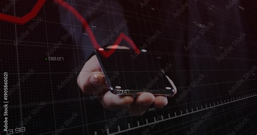 Man holding phone in hand while red finance graph appearing from left crossing grid showing decline