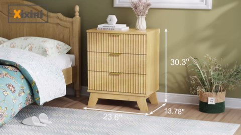 Fluted Nightstand, 24" Wide Side Table with 3 Large Storage Drawers, Mid Century Modern Wood Night Stand with Metal Handle, Wooden Bedside End Table for Bedroom, Living Room, Closet, Natural Oak