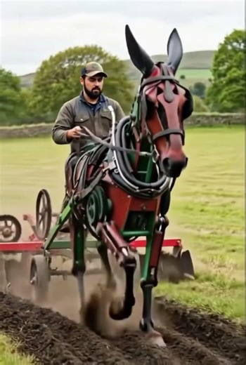 Smart The Red-Headed Iron Mechanical Donkey Plowing the Green Valley Fields #mechanicalanimal
