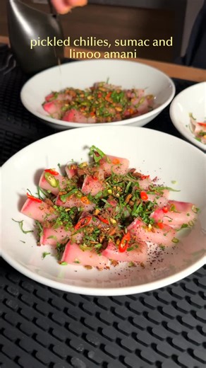 h woo on Instagram: "our “hypothetical” persian-japanese restaurant menu: white choco, peas, macadamia “ghalieh mahi” hamachi crudo wagyu zabuton + pomegranate bordelaise asparagus, saffron yogurt, black olive caramel dashi-marinated ikura tahdig bananas foster + a lot of ice cream"