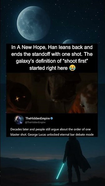 In Star Wars A New Hope (1977), Han shoots Greedo in the cantina.