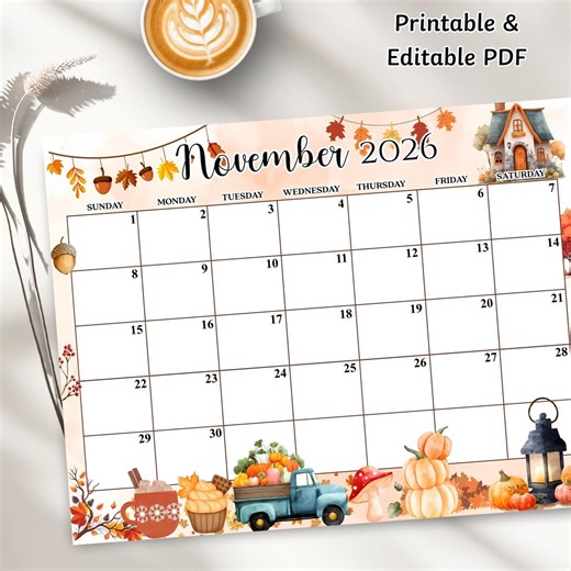 Editable November 2026 Calendar, PDF Editable, Fall Printable Planner, Fillable Organizer for Home, School and Office, Instant Download - Etsy