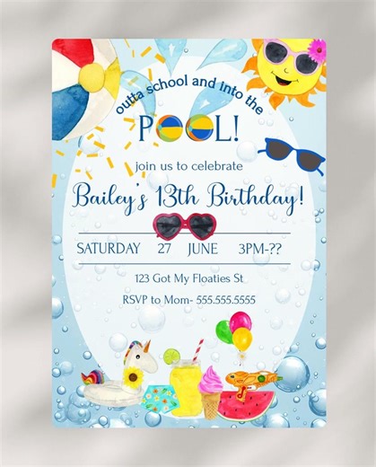 13th Birthday Girl Pool Party Invites Splash 13th Birthday Invitation Pool Party Editable Digital Download Invitation Template - Etsy