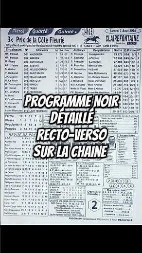 Programme quinte noir Quinté Quarté Tiercé du jour 1er aout 2026 Clairefontaine #quinté #pmu