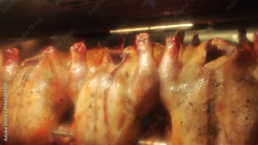 Chickens roasting. Close up whole chickens roasting on rotating rotisserie inside industrial oven. Golden skin glistens under heat. Food production roasting process and commercial kitchen operations.