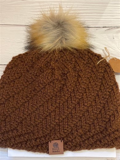Women’s Hand Knit Diagonal Pattern Hat With Faux Fur Pom in Brown - Etsy