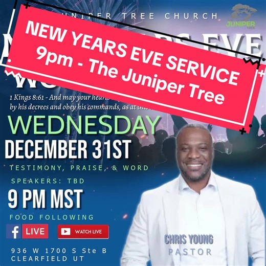 ✨Watch Night on New Years Eve at The Juniper Tree ✨ 🙌🏽 Come Praise & Worship into 2026 936 W. 1700 . Clearfield, UT. Wed. Dec 31st 9pm Speakers: @markiloallen and more.. Food and drinks 🙌🏽 All ages welcome — come worship, celebrate, and rejoice with us! 👏🏽 Bring a friend & the children 📌 Follow us on all social media: 🔸 Instagram: @junipertree.faith 🔹 Facebook: @Thejunipertree 🔸 TikTok: @junipertree.faith 🔹 YouTube: junipertreechurch6312 🛜 Website for more info: junipertree.faith #ne