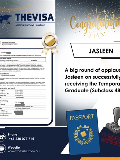 A big round of applause to Jasleen on successfully receiving the Temporary Graduate (Subclass 485) Visa! 👏 This visa opens the door to exciting career opportunities and valuable work experience in Australia. 🇦🇺 We’re proud to have supported you throughout your visa journey and wish you continued success in your professional future! Need help with your Australian visa process? Our expert team is here to guide you every step of the way. 📞 Phone: 61 430 077 714 | 0477 790 077 📧 Email: navparia