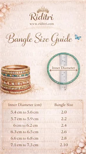 Bangles| Necklaces| Earrings| Rings| Bracelets by RiDiTri on Instagram: "Save kar lo ye reel 💛 Ye simple bangle size guide aapko help karegi apna correct size samajhne mein — no confusion, no guesswork, only perfect fit. — Riditri www.riditri.com #BangleSizeGuide #RiditriTips #JewelleryShopping #PerfectFit #SaveThisReel"