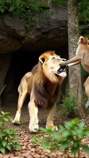 Hungry Lion Chases Monkey But Gets Outsmarted 🦁🐒 #Lion #monkey