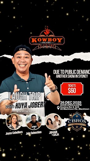 Due to public demand — another round of unstoppable laughter with Kuya Jobert 🤣💥 📞 Book your table: 0434 791 618 📍 80 Blacktown Road, Blacktown, NSW CBROS Production and Entertainment See you there! 🤩 #BlacktownEvents #Kowboy #LiveMusic #Events #PinoyRestaurant #kowboybarandgrillblacktown | Kowboy Bar and Grill Blacktown