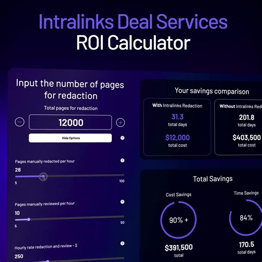 Up to 90% in cost savings and more than 80% in time savings – Intralinks is the ONLY VDR provider with a full suite of Deal Services to help optimize resources and close deals faster. Find out how much you can save: https://okt.to/UXnNqg #virtualdataroom #vdrprovider #vdr #MergersandAquisitions #mergersacquisitionsdivestitures #DealMaking #dealmakers #moneysaving #roistrategies | SS&C Intralinks