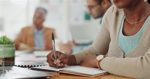 Book, hands or business woman writing in office with agreement for planning, research or listening to feedback, review or agenda checklist. Notebook, planner or manager with journal for meeting notes