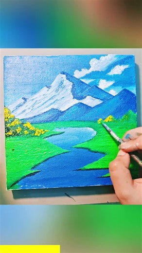 I Painted a Mountain Lake Landscape on a Mini Canvas | Acrylic Painting | Color by Oyshi #shorts