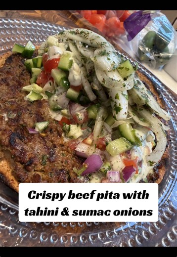 Crispy Beef Pita with Lemon Tahini & Sumac Onions This easy beef pita is packed with fresh flavors and comes together with simple ingredients. The seasoned meat cooks directly on the pita, creating a crispy base that’s topped with creamy tahini, bright sumac onions, and a fresh Israeli salad. Perfect for a quick weeknight dinner or an easy summer meal. Ingredients: Beef * 1 lb lean ground beef * 1 tsp dried oregano * 1 tsp paprika * 1 tsp garlic powder * 3 tbsp finely chopped parsley * ½ white o