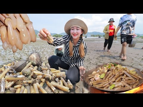 Razor Clam Find and Cook in my village, Mommy chef Sros cook 3 delicious Rezor Clams recipes
