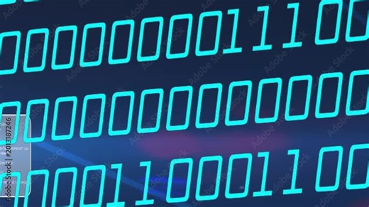Binary digits scrolling diagonal, overlays appearing on start then drifting inward to show metadata