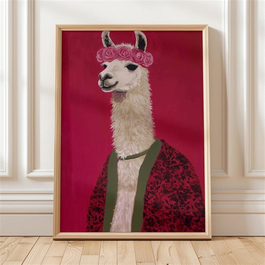 Llama Art Print Flower Crown Cute Animal Wall Art Pink Red Decor Whimsical Llama Portrait Funny Pet Illustration Nursery Poster Download - Etsy