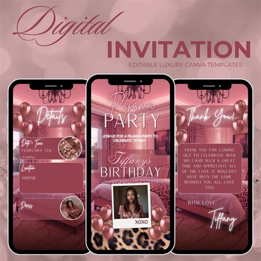 Faire-part d'anniversaire pyjama, invitation numérique animée pour une soirée pyjama, célébration nocturne entre filles premade, modèle de toile modifiable bricolage - Etsy France