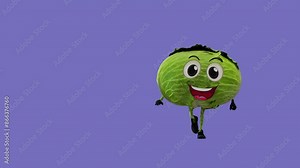3D animation of a cabbage character running on a solid background. Perfect for digital media projects, advertising, social media, and educational content.