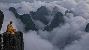 Chinese Taoist priest, Taoist monk, yellow robes, Taoist hat, lotus seat, floating meditation, levitating monk, Emei Mountain, sacred mountain China, distant shot, wide landscape, spiritual tranquilit