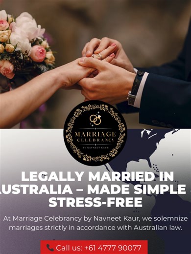 📜 Legally Married in Australia – Made Simple & Stress-Free Planning your marriage in Australia? At Marriage Celebrancy by Navneet Kaur, we solemnize marriages strictly in accordance with Australian law. The Australian partner (sponsor) can book an appointment with our registered marriage celebrant to complete the Notice of Intended Marriage (NOIM). Please bring: ✔ Original birth certificate (if born in Australia) or passport (if born overseas) ✔ Official divorce or death certificate (if applica