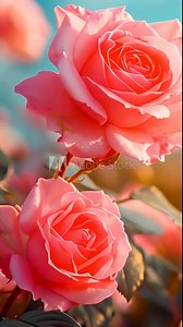 Pink roses in blue sky with sunlight soft blurred effect, Backdrop pink roses,Flowers wall background,Wedding decoration 4k video. Beautiful rose field vertical