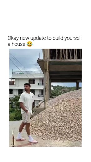 @user_missinng | The post shares a comedic time-lapse video of a man in casual attire single-handedly erecting a modern house from sand piles to finished... | Instagram