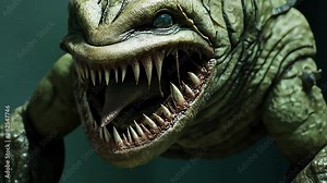 A monster with a big mouth and sharp teeth. The monster has a creepy look on its face