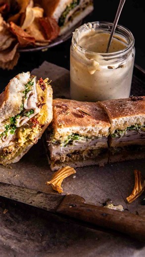 Tieghan Gerard on Instagram: "Sun-dried Tomato Pesto Turkey Sandwich. We love good weekend sandwich, but this steps it up a notch (: Ciabatta sandwiched with my tahini Caesar, basil pesto, provolone and Havarti cheese. The layers are special, the homemade tahini caesar and all the yummy melted cheese. It’s so good! DRESSING 1/2 cup tahini (or use mayo) 1/4 cup extra virgin olive oil 3 tablespoons lemon 1 teaspoons Dijon mustard 2 teaspoons Worcestershire sauce 1-2 cloves garlic, grated salt and 