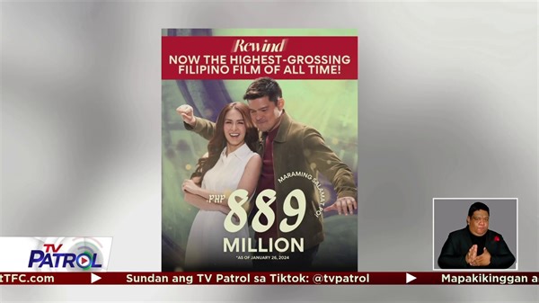 64K views · 2.9K reactions | Nakuha na ng pelikulang "Rewind" ang record bilang highest grossing Filipino film of all time. Ayon sa Star Cinema, umabot na sa P889 million ang total worldwide gross revenue ng pelikula na pinagbibidahan nina Dingdong Dantes at Marian Rivera. BASAHIN: https://news.abs-cbn.com/entertainment/01/26/24/rewind-now-highest-grossing-filipino-film-of-all-time | TV Patrol | Facebook