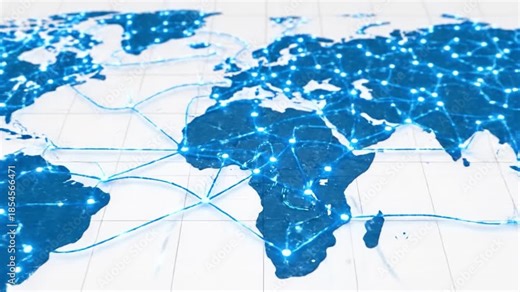 Blue network map of continents with glowing blue network nodes and illuminated connection points, links and glowing lines arching between hubs across stylized world map to convey global data