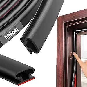 Black Rubber Weather Stripping Door Seal Strip, D Shape Door Rubber Weather Seal Strip, SelfAdhesive Weatherstripping Soundproofing Doors Sealing Strip for Windows (50 feet, Black)