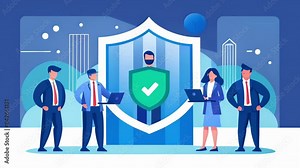 A team of cyber security experts stand guard at the entrance of a secure virtual platform ensuring the safety of sensitive data.. 2d flat cartoon